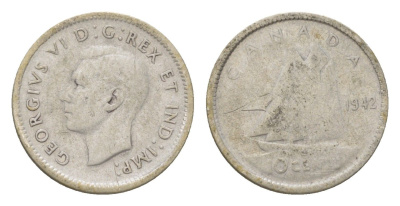 Канада 10 центов 1942 Георг VI (1936-1952) KM 34 серебро 4623-861