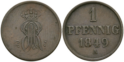 Ганновер 1 пфенниг 1849 A, Эрнст Август (1837-1851) KM 201.2, AKS 130, J. 74 медь 4608-1047