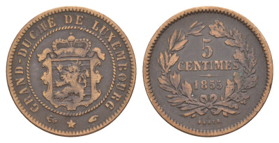 Люксембург 5 сантимов 1855 A, Виллем III (1849-1890) KM 22 бронза 4654-537