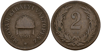 Венгрия 2 филлера 1901 KB, Франц Иосиф I (1848-1916) KM 481 бронза 4154-838