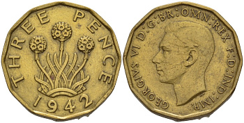 Великобритания 3 пенса 1942 Георг VI (1936-1952) KM 849, Spink 4112 никель латунь 4539-216