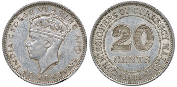 Британская Малайя 20 центов 1939 Георг VI (1937-1952) KM 5 серебро 53-314