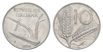 Италия 10 лир 1956 R, плуг, колосья KM 93 алюминий 4551-751