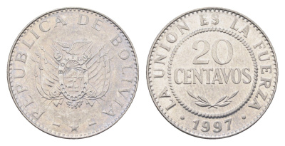 Боливия 20 сентаво 1997 KM 203 нержавеющая сталь 4663-334