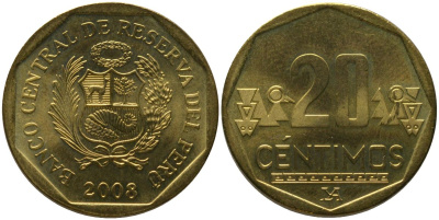 Перу 20 сентимо 2008 LIMA KM 306.4, Schon 105 латунь UNC 4543-1156