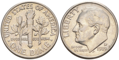 США 10 ЦЕНТОВ = 1 ДАЙМ 1989 D, РУЗВЕЛЬТ KM 195a медь плакированная медно-никелем 187-1062