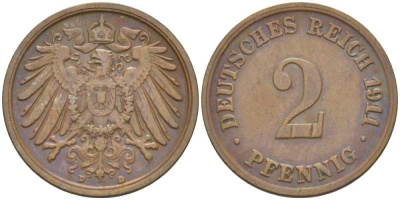 ГЕРМАНИЯ 2 ПФЕННИГА 1911 D KM 16, J. 11, Weege 4 медь 206-563