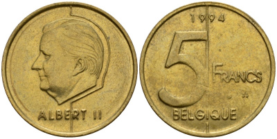Бельгия 5 франков 1994 Belgique, Альберт II (1994-2013) KM 189 алюминиевая бронза 4601-222