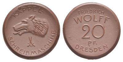 Дрезден 20 пфеннигов ND (1920) Фридрих Вольф Men05 5620.3, Men18 7015.5, Scheuch 284a фарфор 1094-10-25