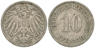Германия 10 пфеннигов 1898 A, Вильгельм II (1888-1918) KM 12, J. 13 медно-никель 4615-745