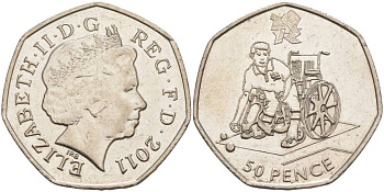 Великобритания 50 пенсов 2011 XIV летние Паралимпийские игры в Лондоне в 2012 году, бочче, Елизавета II (1952-2022) KM 1189, Spink LO15 медно-никель 00-00