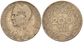 БРАЗИЛИЯ 200 РЕЙС 1942 ЖЕТУЛИО ВАРГАС KM 545 медно-никель 4528-151