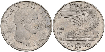 ИТАЛИЯ 50 ЧЕНТЕЗИМО 1941 R, ГОД XIX, ВИКТОР ЭММАНУИЛ III (1900-1946) KM 76b, VEM3. 1063 нержавеющая сталь 3853-353