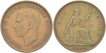 Великобритания 1 пенни 1945 Георг VI (1936-1952) KM 845, Spink 4114 бронза 4165-423