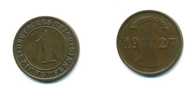 ГЕРМАНИЯ 1 РЕЙХСПФЕННИГ 1927 F KM 37, J. 313 бронза 46-852