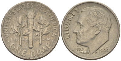 США 10 ЦЕНТОВ = 1 ДАЙМ 1966 РУЗВЕЛЬТ KM 195а медь плакированная медно-никелем 66-1114