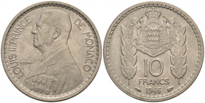 Монако 10 франков 1946 Луи II (1922-1949) KM 123 медно-никель UNC 73-1652