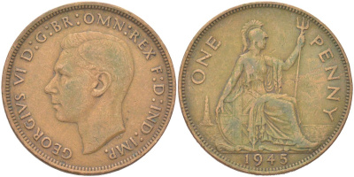 Великобритания 1 пенни 1945 Георг VI (1936-1952) KM 845, Spink 4114 бронза 4165-423