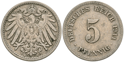 Германия 5 пфеннигов 1911 A KM 11, J. 12, Weege 6 медно-никель 08-1457