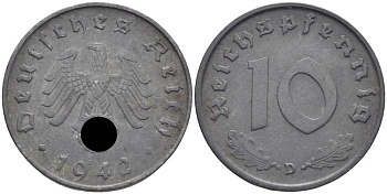 ГЕРМАНИЯ 10 РЕЙХСПФЕННИГОВ 1942 D KM 101, J. 371 цинк 4401-642