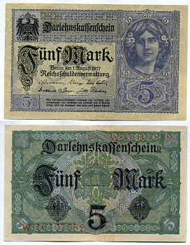 Германия 5 марок 1917 8 значный номер, серия W Pick 56 b бумага UNC (пресс) 8613-53-3-1