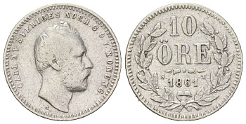 Швеция 10 эре 1861 ST, Карл XV (1859-1872) KM 710 серебро 4611-351