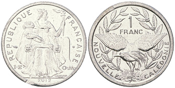 Французская Новая Каледония 1 франк 2012 птица кагу, (IEOM) KM 10, Schoen 10 алюминий 31-617