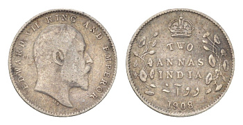 Британская Индия 2 анны 1908 Эдуард VII (1901-1910) KM 505 серебро 4623-851