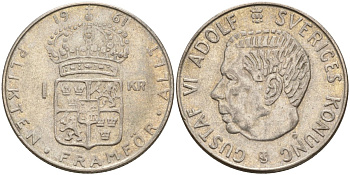 Швеция 1 крона 1961 U, Густав VI Адольф (1950-1973) KM 826 серебро 4150-122