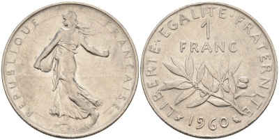 Франция 1 франк 1960 сеятель, тип Semeuse KM 925, Le Franc 226.5 никель 4592-1051