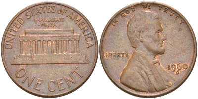 США 1 цент 1960 D, Линкольн, LARGE DATE KM 201 медь цинк 3309-225