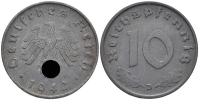 ГЕРМАНИЯ 10 РЕЙХСПФЕННИГОВ 1942 D KM 101, J. 371 цинк 4401-642