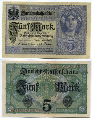 Германия 5 марок 1917 8 значный номер, серия W Pick 56 b бумага UNC (пресс) 8613-53-3-1