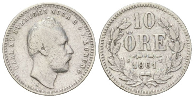 Швеция 10 эре 1861 ST, Карл XV (1859-1872) KM 710 серебро 4611-351