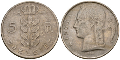 Бельгия 5 франков 1966 Belgie, Бодуэн I (1951-1993) KM 135 медно-никель 4397-635