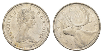 Канада 25 центов 1980 Елизавета II (1952-2022), олень KM 74 никель 4648-1157