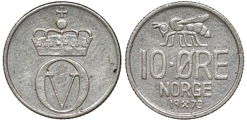 Норвегия 10 эре 1973 пчела, Улаф V (1958-1991) KM 411 медно-никель 51-2915
