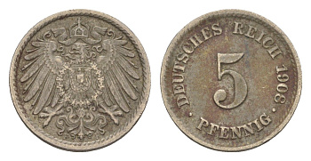 Германия 5 пфеннигов 1908 F, Вильгельм II (1888-1918) KM 11, J. 12 медно-никель 4615-133