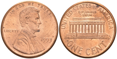 США 1 цент 1993 Авраам Линкольн KM 201b медь цинк UNC 187-662