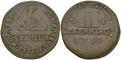 Мюнстер 3 пфеннига 1759 Кафедральный выпуск KM 430 медь 65-651