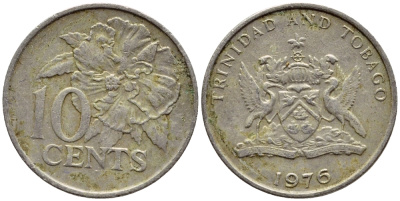 Тринидад и Тобаго 10 центов 1976 цветок гибискуса KM 31 медно-никель 4396-851