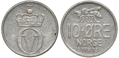 Норвегия 10 эре 1973 пчела, Улаф V (1958-1991) KM 411 медно-никель 51-2915