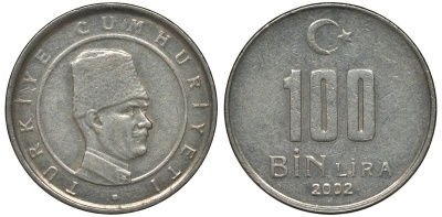 Турция 100000 лир 2002 Мустафа Кемаль Ататюрк KM 1106 медь никель цинк 4122-247