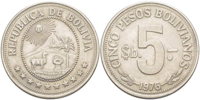 БОЛИВИЯ 5 ПЕСО 1976 KM 197 сталь плакированная никелем 4512-1013