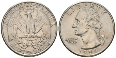 США 25 центов = квотер = 1/4 доллара 1995 P, Джордж Вашингтон KM 164a медь плакированная медно-никелем 216-753