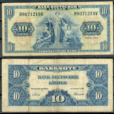 ФРГ 10 марок 1949 22 августа 1949, Франкфурт-на-Майне Pick 16 a, Розенберг 258 бумага 444-2-1-2