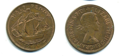 Великобритания 1/2 пенни 1966 Елизавета II (1952-2022) KM 896, Spink 4158 бронза 41-657