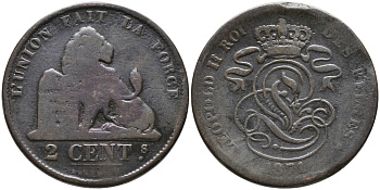 БЕЛЬГИЯ 2 САНТИМА 1871 BELGES KM 35.1 медь 95-715