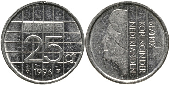 НИДЕРЛАНДЫ 25 ЦЕНТОВ 1996 БЕАТРИКС KM 204 никель 96-1263