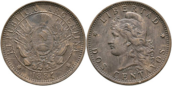 Аргентина 2 сентаво 1884 голова свободы влево KM 8 бронза 4531-521